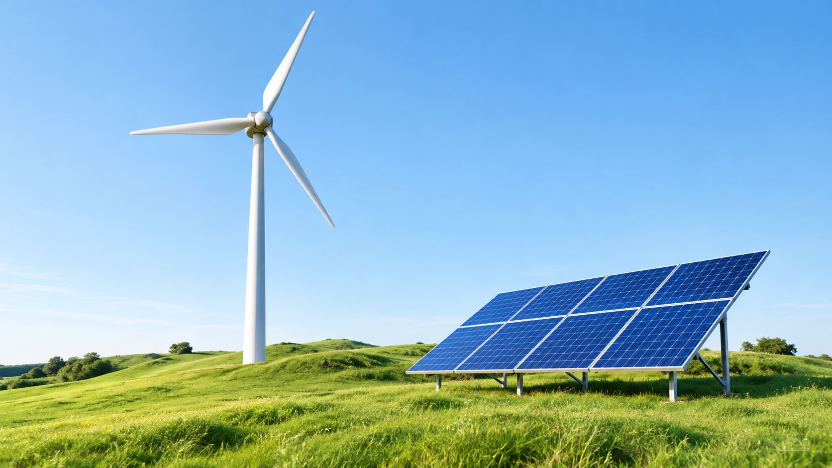 Un molino de viento y paneles solares sobre una colina verde bajo un cielo azul despejado.