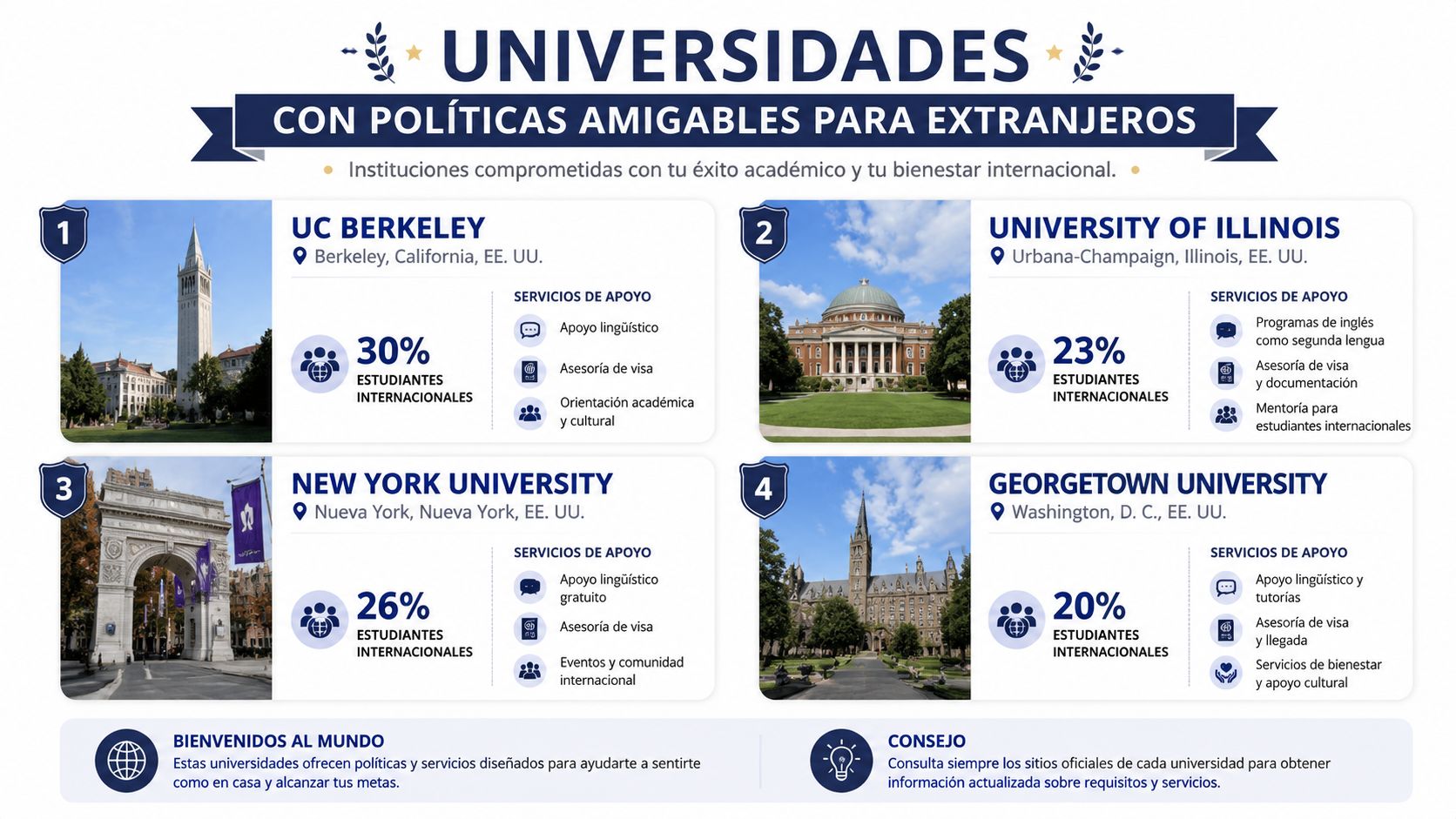 Infografía sobre cuatro universidades de Estados Unidos con políticas amigables y servicios de apoyo para estudiantes internacionales.
