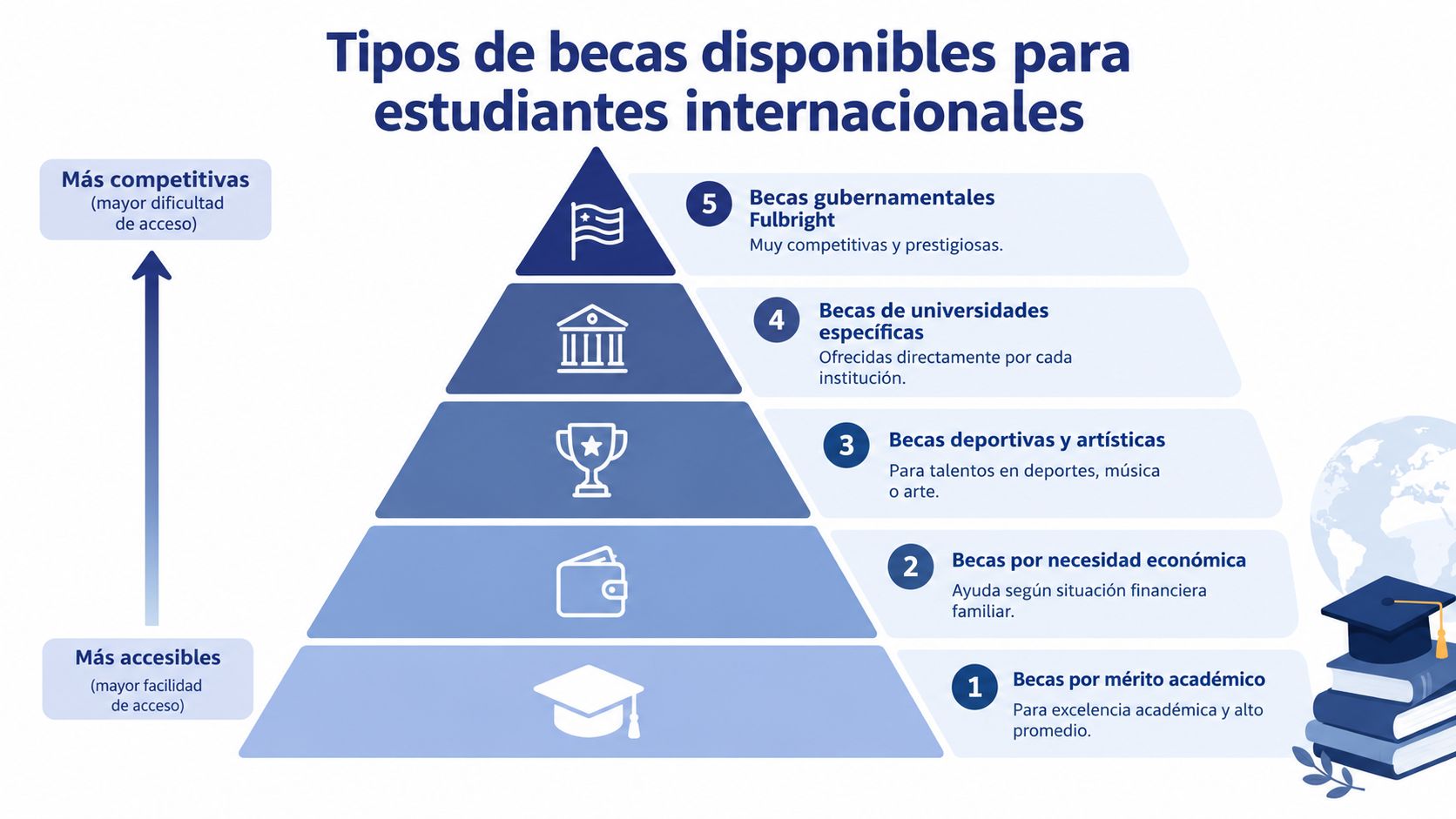 Una pirámide que ilustra cinco tipos de becas para estudiantes internacionales, clasificadas por su nivel de competitividad.