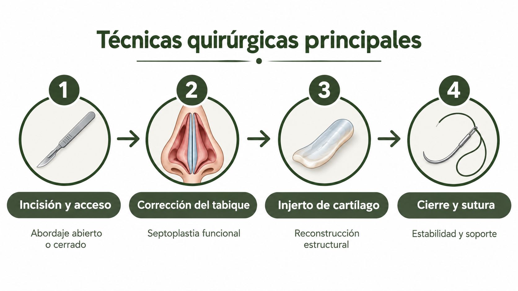 Diagrama de cuatro pasos ilustrando las etapas principales de una rinoplastia funcional, desde la incisión hasta la sutura.