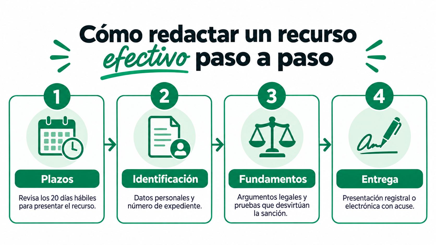 Infografía con los cuatro pasos para redactar un recurso efectivo contra una multa o sanción administrativa.