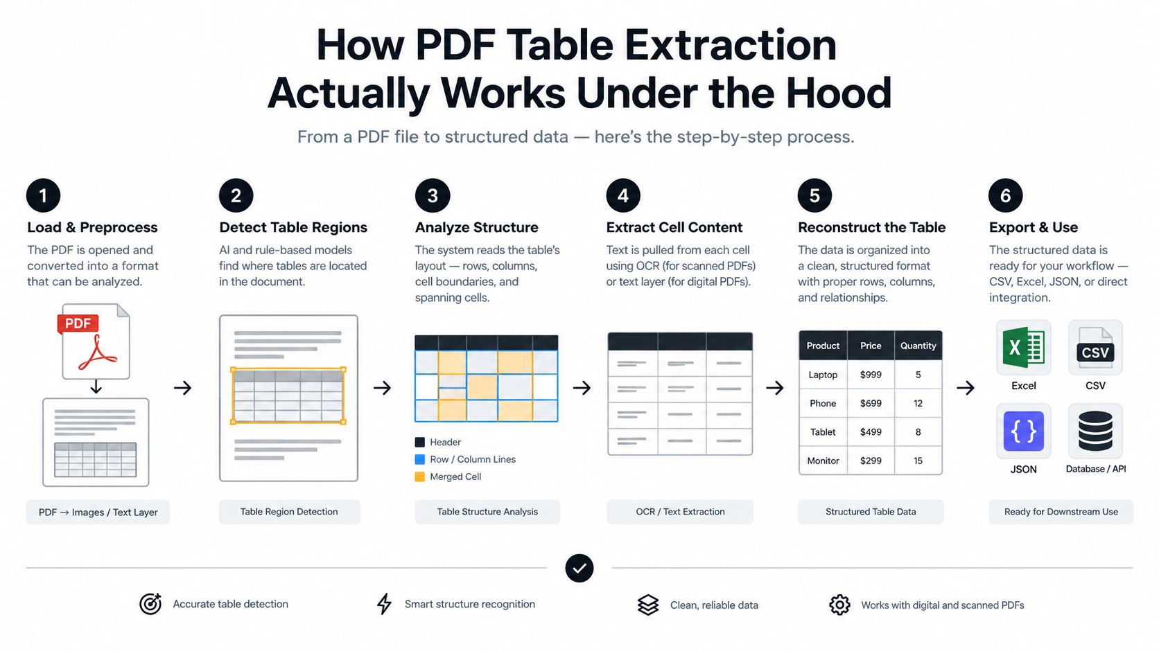 A step-by-step infographic illustrating the six stages of extracting structured data from a PDF document.