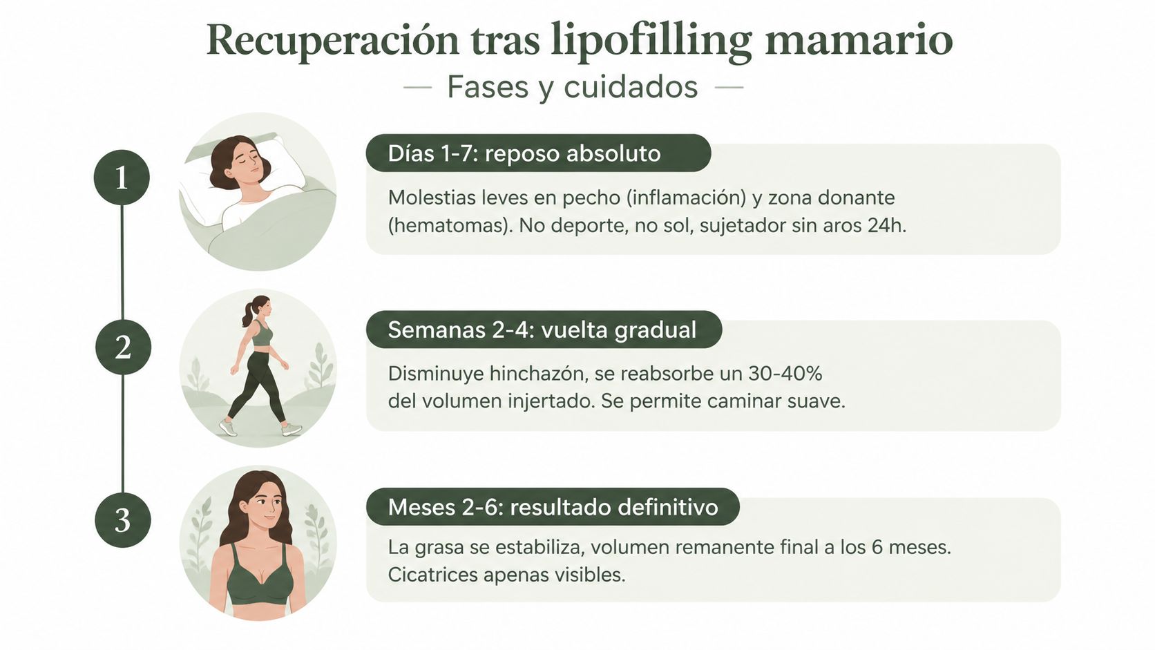 Infografía sobre las fases y cuidados de la recuperación tras un procedimiento de lipofilling mamario.
