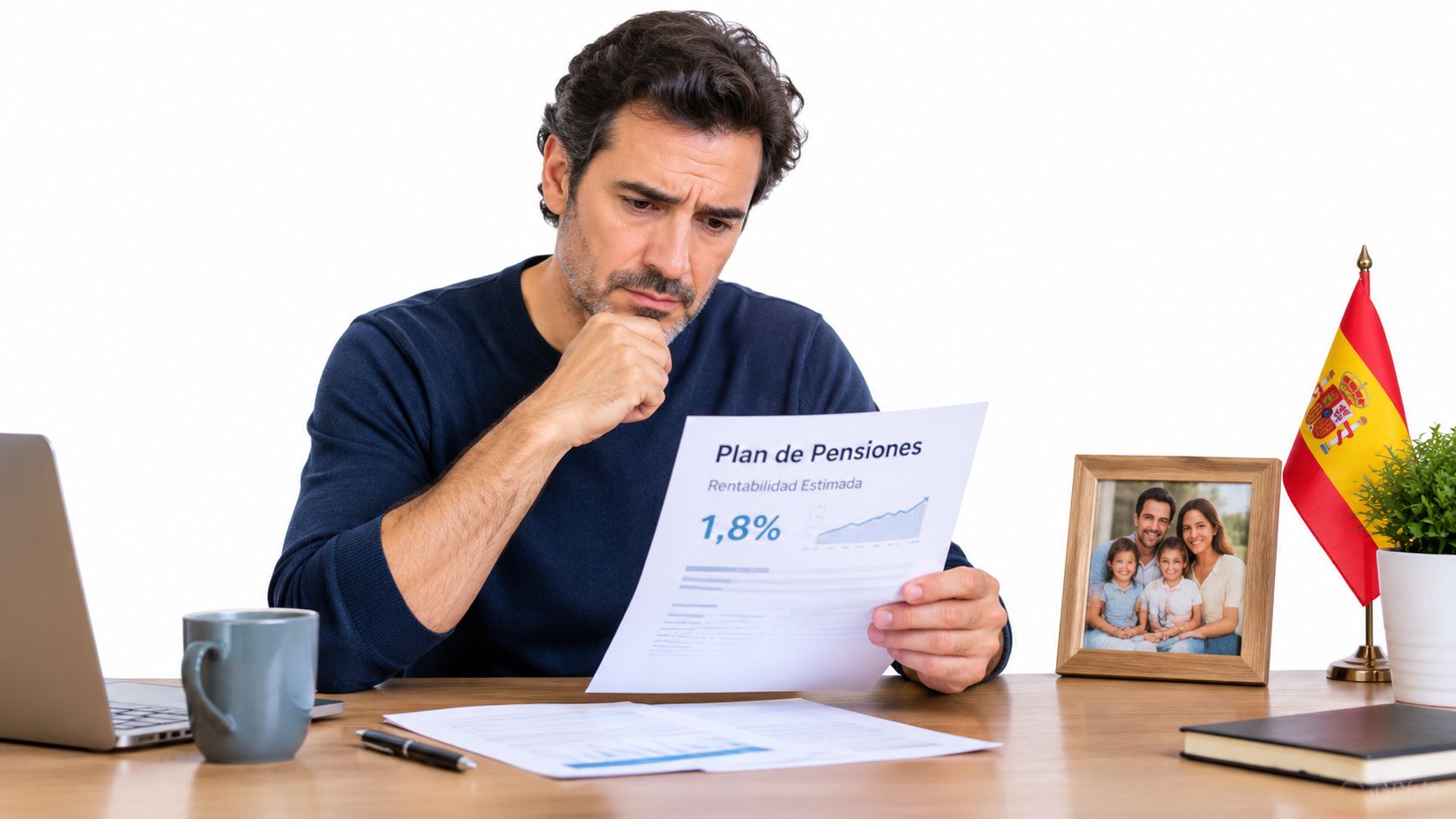 Un hombre de mediana edad examina preocupado un documento de planes de pensiones sobre su escritorio de oficina.