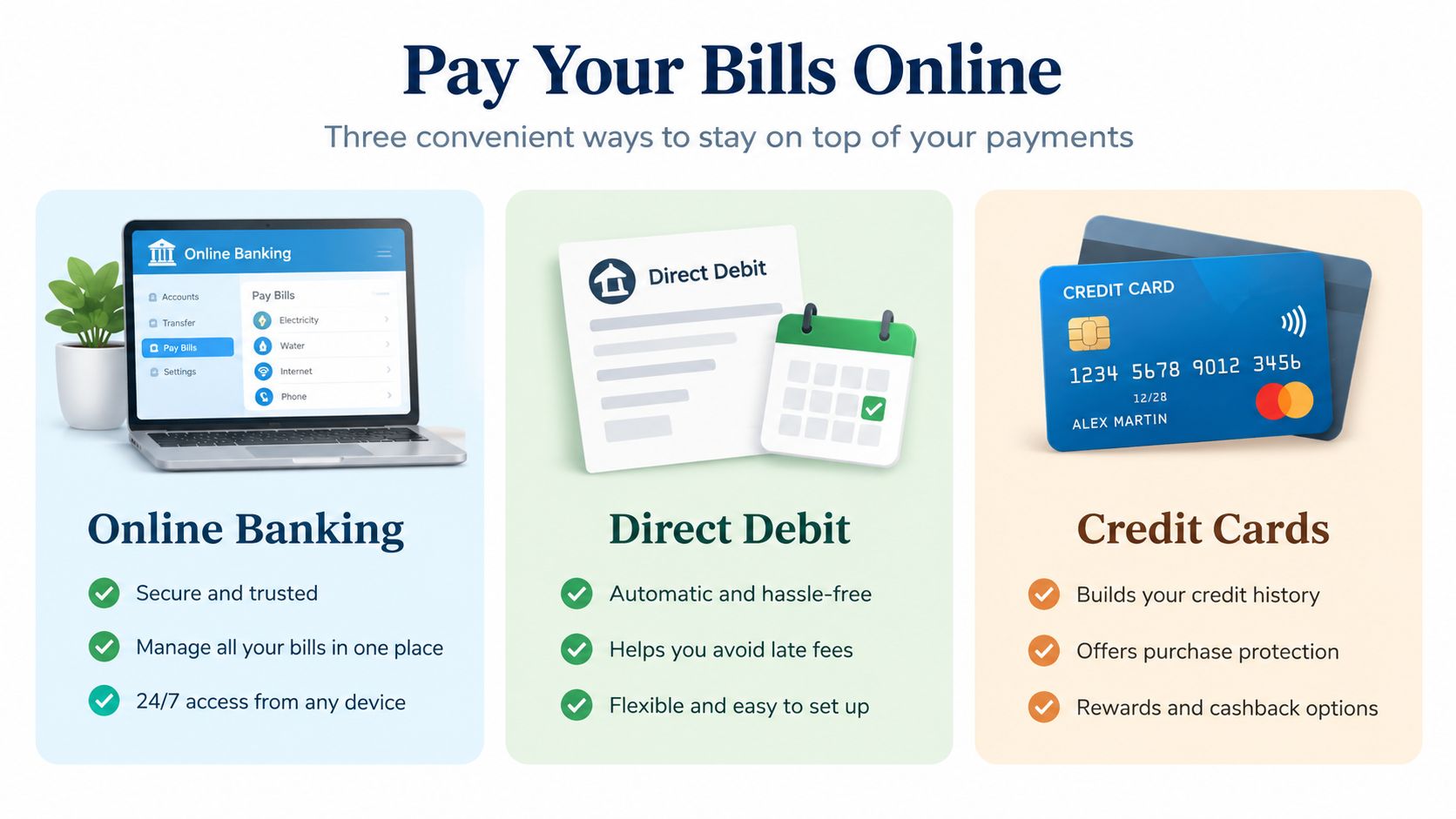 Infografía mostrando tres métodos seguros para pagar facturas online: banca en línea, domiciliación bancaria y tarjetas crédito.