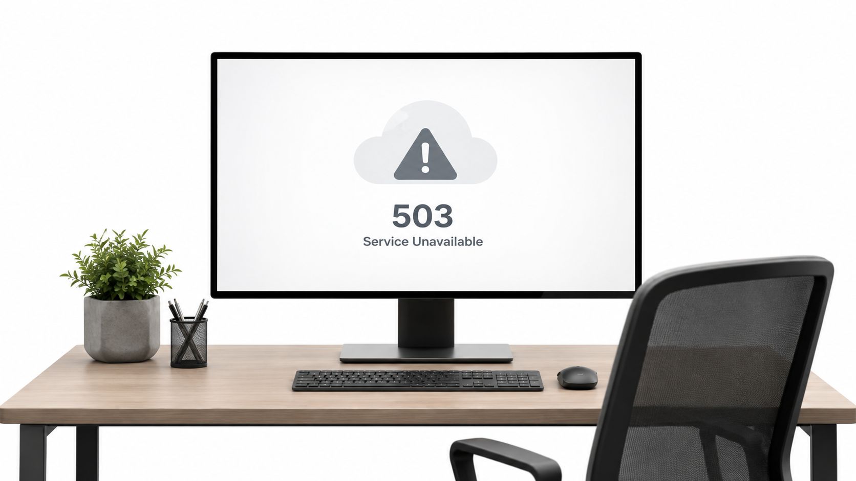 A modern computer monitor sitting on a wooden desk displaying a 503 Service Unavailable error message.