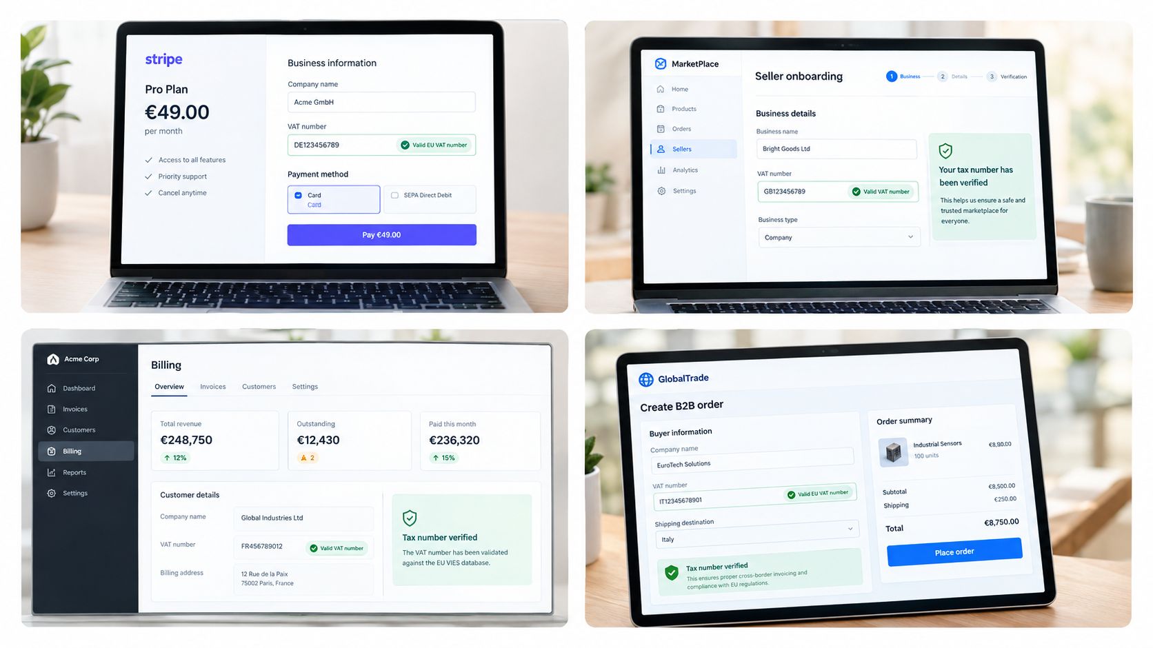 A collage showing four different laptop screens displaying user interfaces for business tax number verification services.