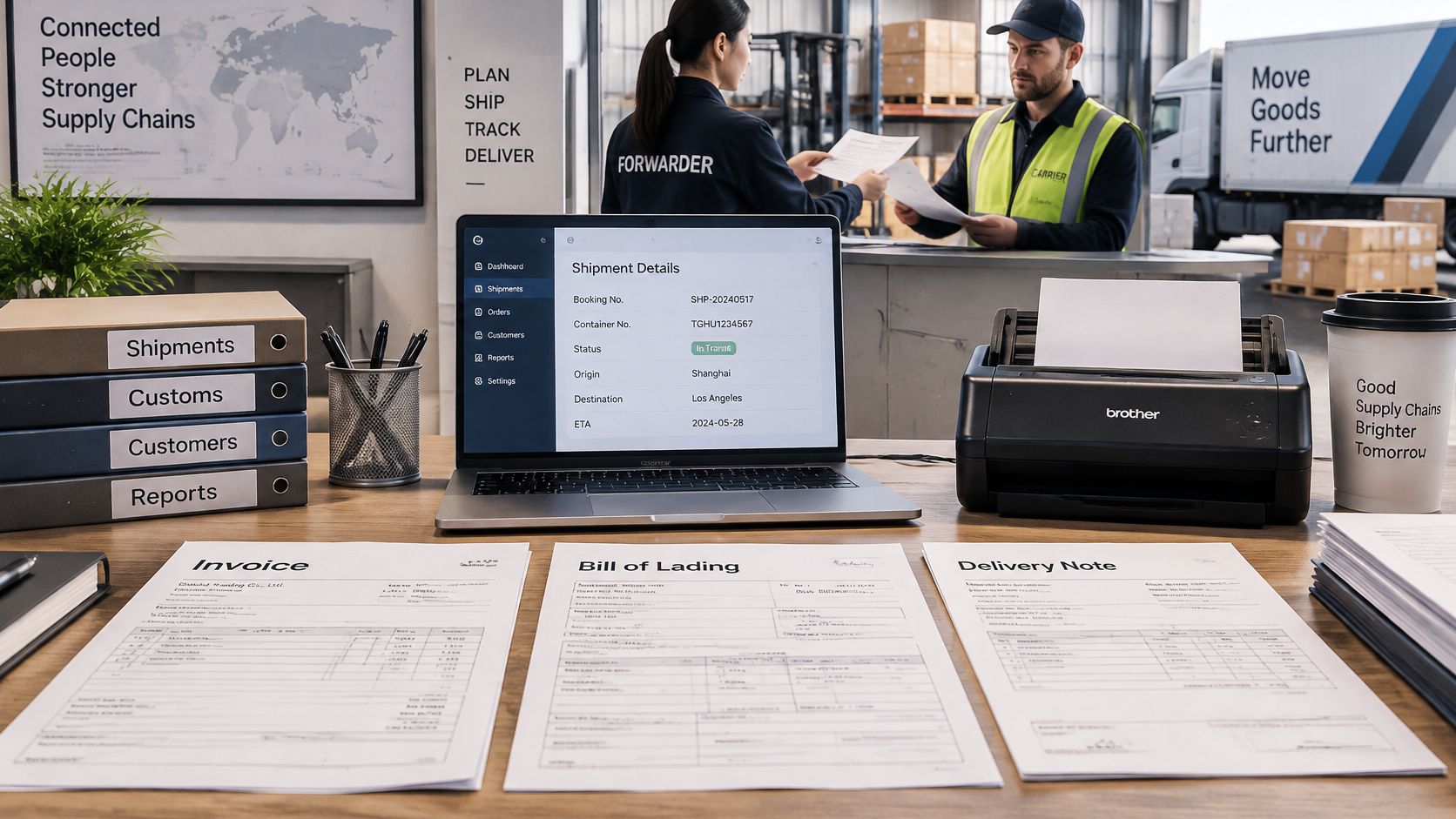 A professional warehouse workspace featuring shipping documents, a laptop displaying logistics data, and office supplies.