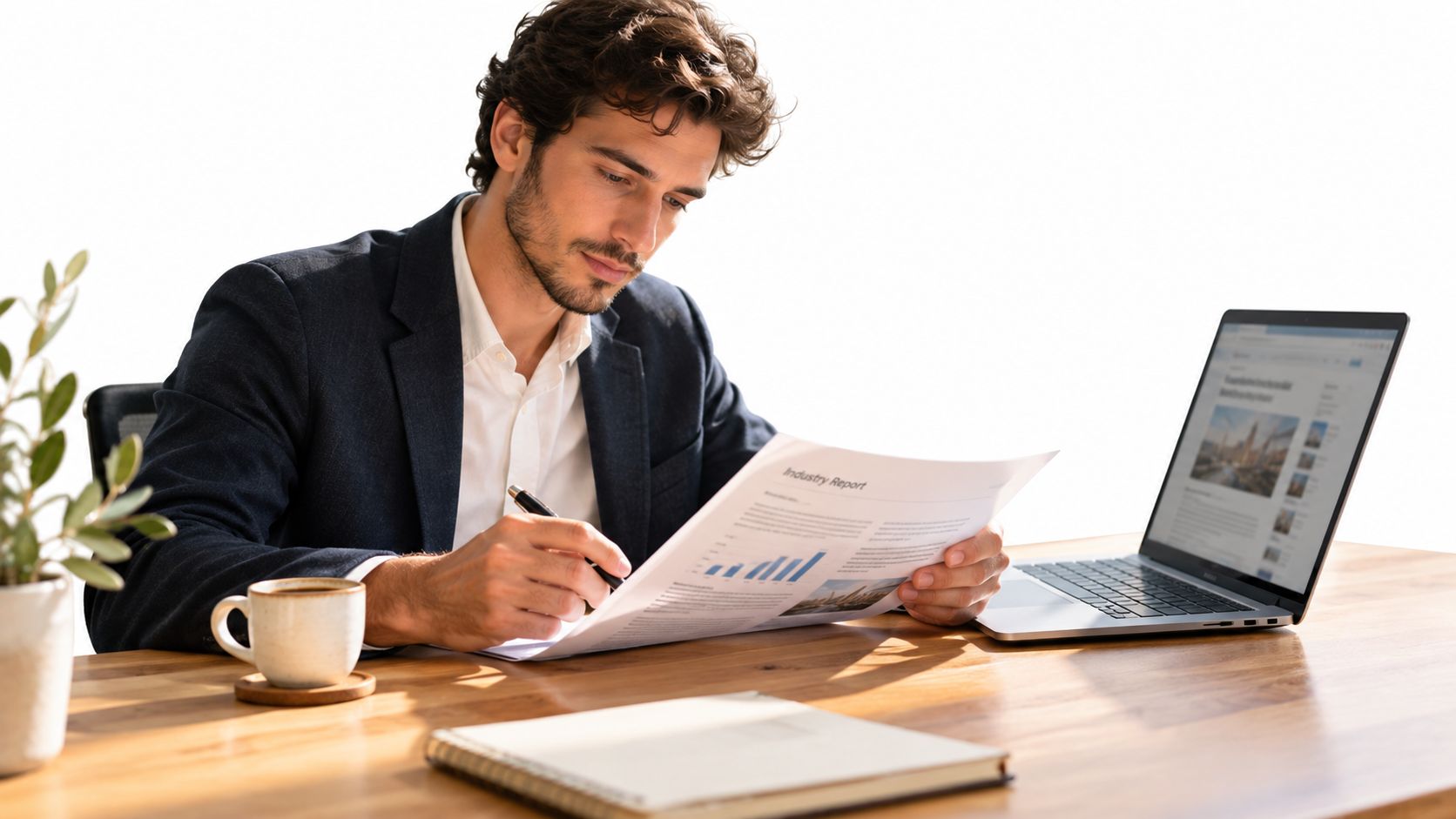A professional man in a suit reviewing an industry report while sitting at his desk with a laptop.
