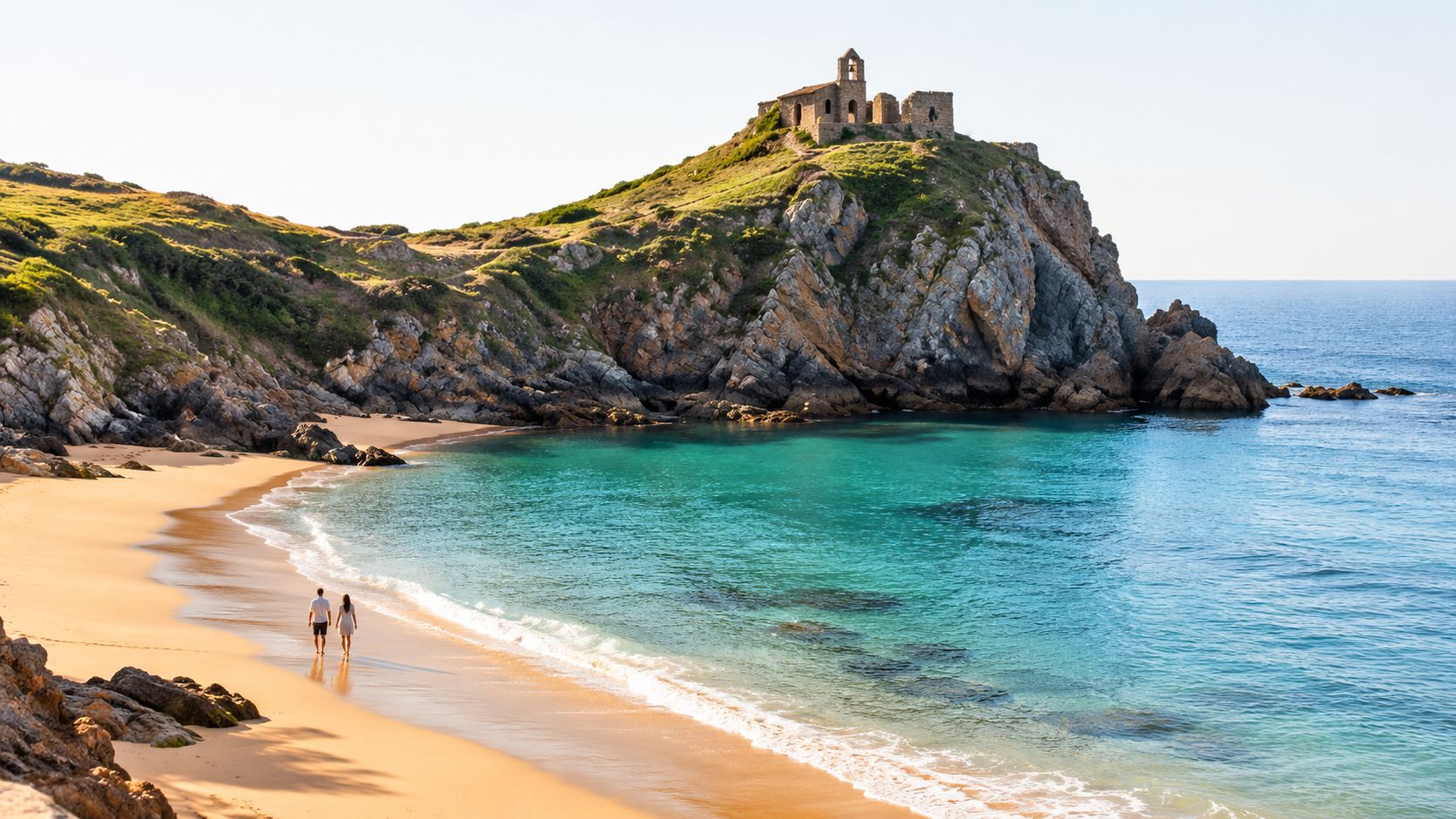 A couple walking on a sandy beach below a rocky cliff with an old stone hermitage ruin