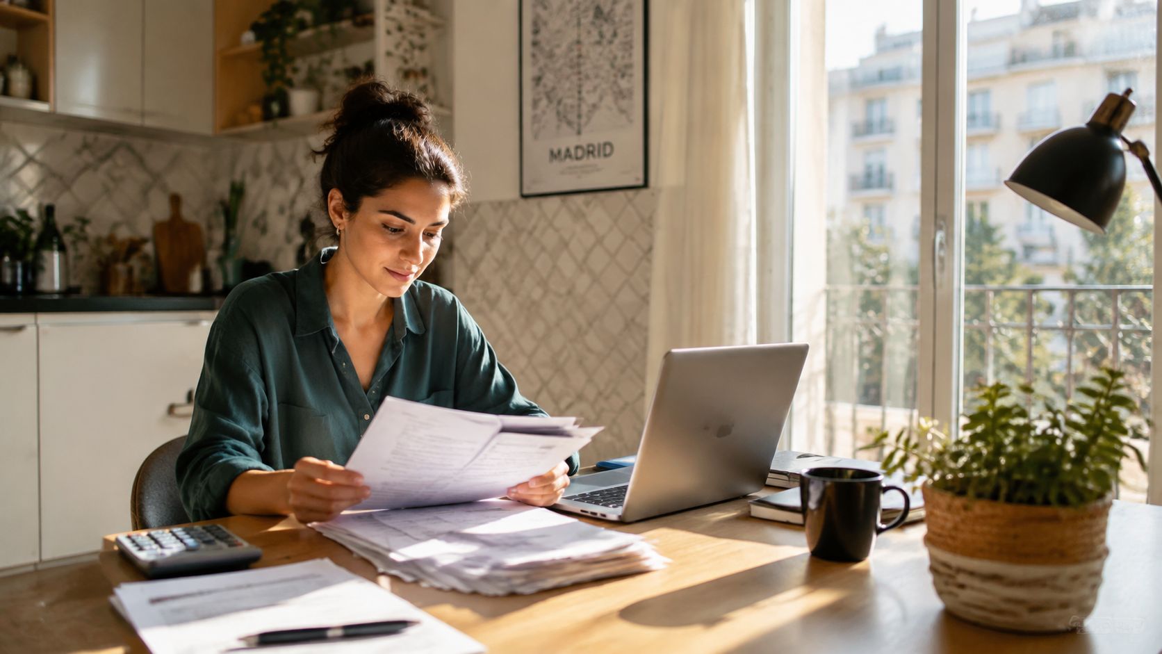 Una mujer joven trabajando desde casa revisando documentos financieros frente a su computadora portátil.
