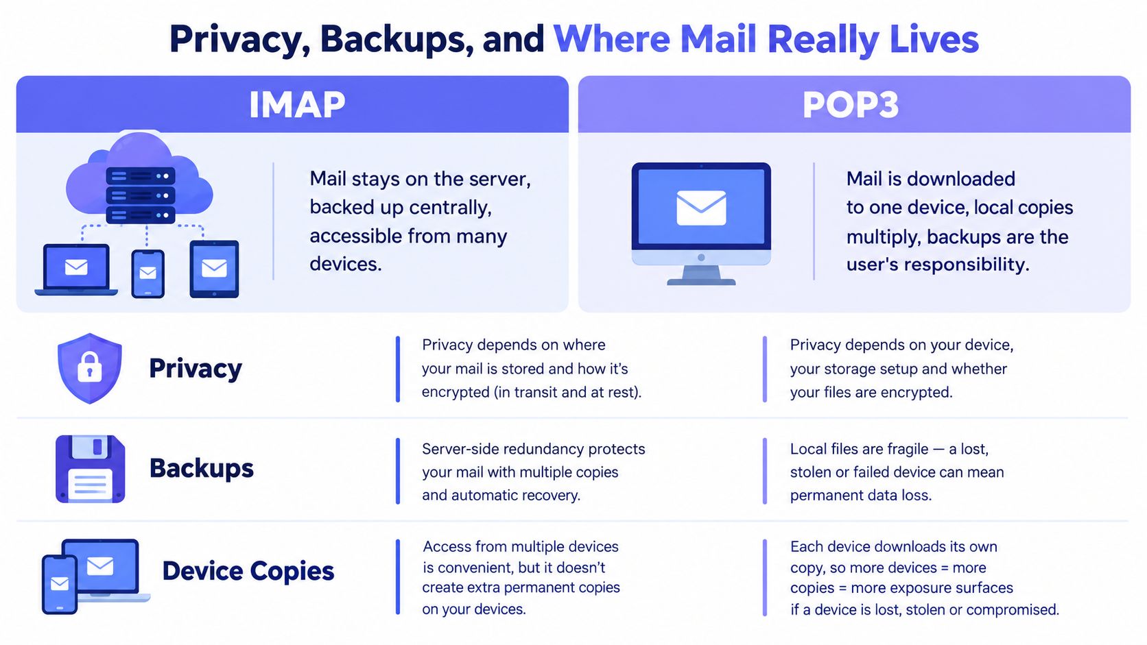 A comparison chart highlighting the differences between IMAP and POP3 email protocols regarding privacy, backups, and storage.