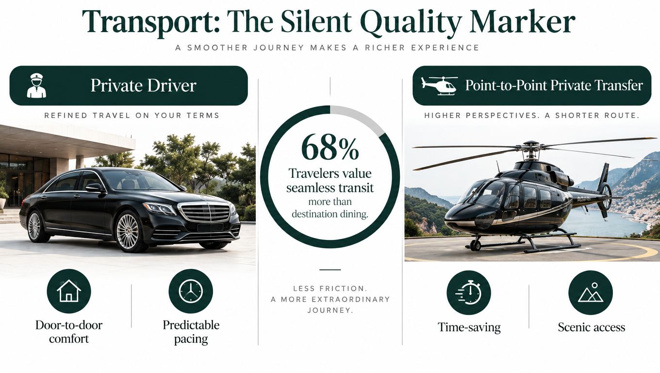 An infographic comparing luxury travel transport options including private cars and helicopters for seamless vacation experiences.