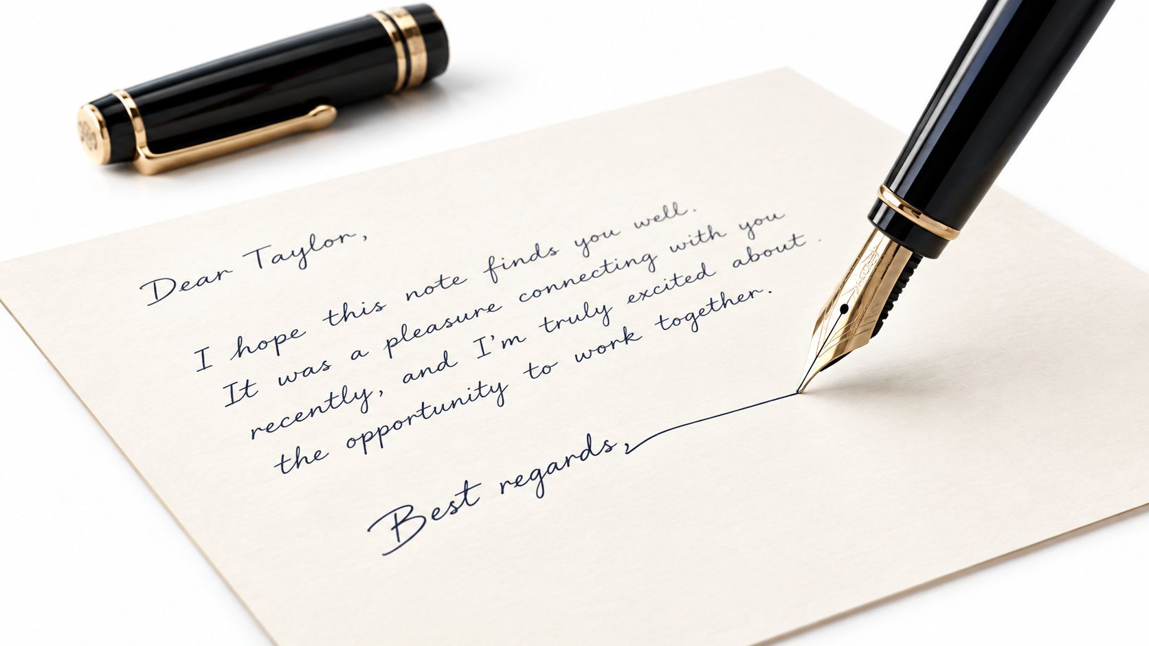 A black fountain pen writing a professional greeting note on a professional greeting note.