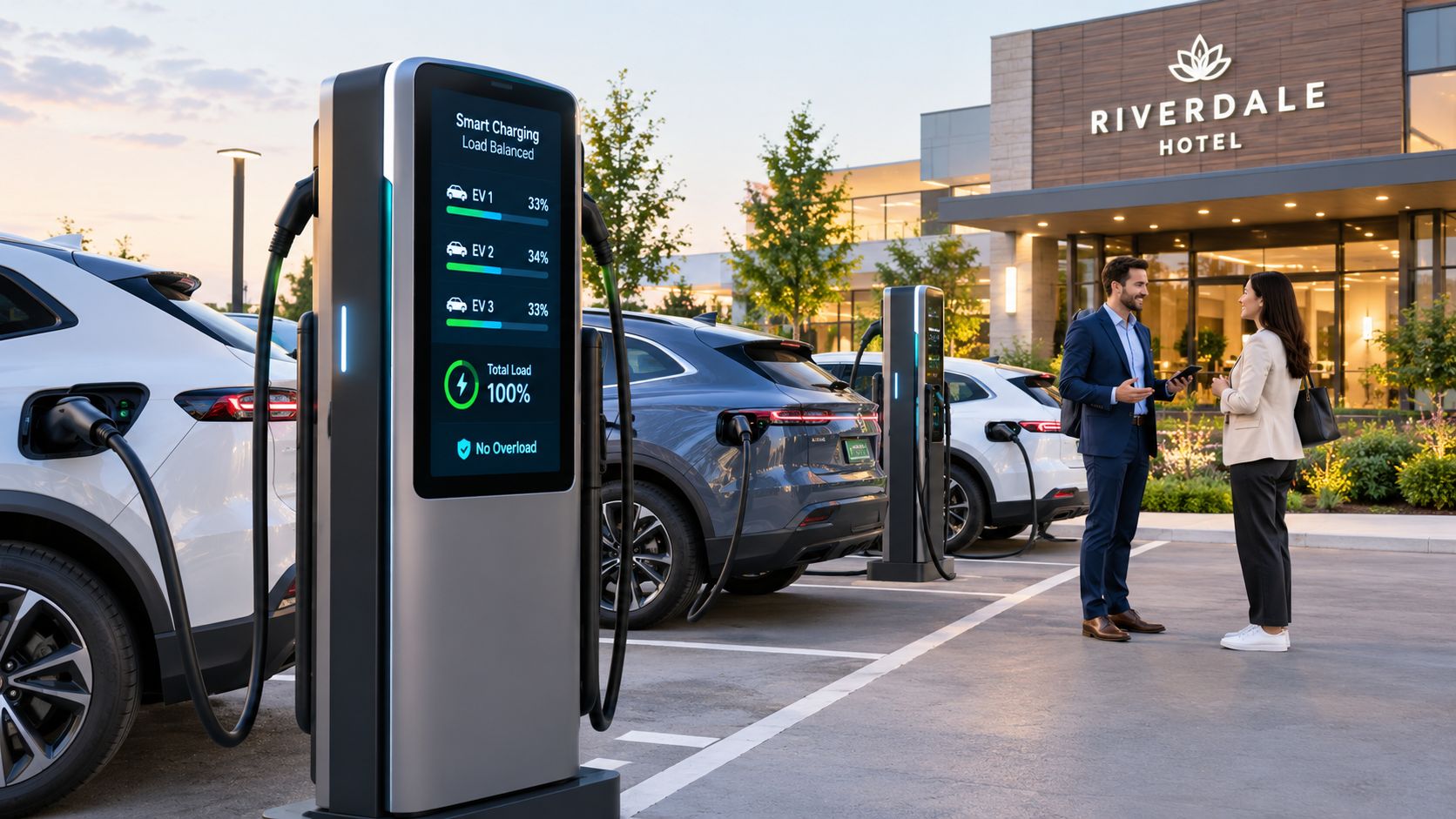Estación de carga eléctrica con balanceo de carga en el estacionamiento de un hotel moderno al atardecer.
