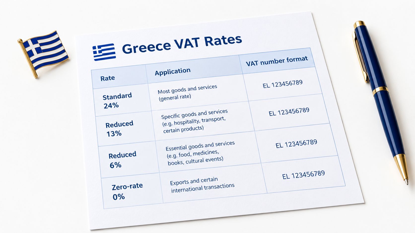 A document titled Greece VAT Rates displaying a table of standard, reduced, and zero tax percentages.