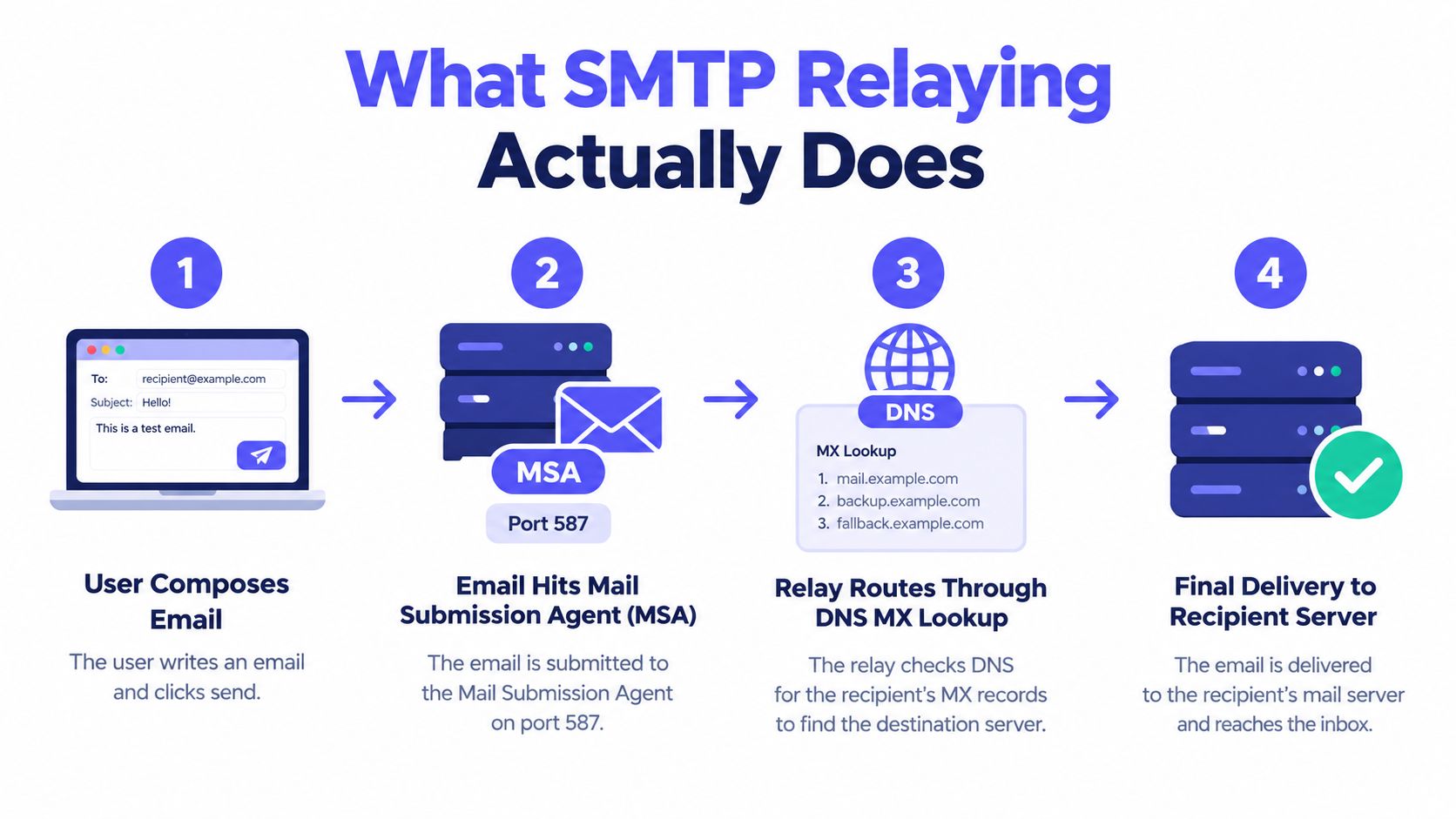 A diagram illustrating the four-step process of SMTP relaying from user composition to final email delivery.
