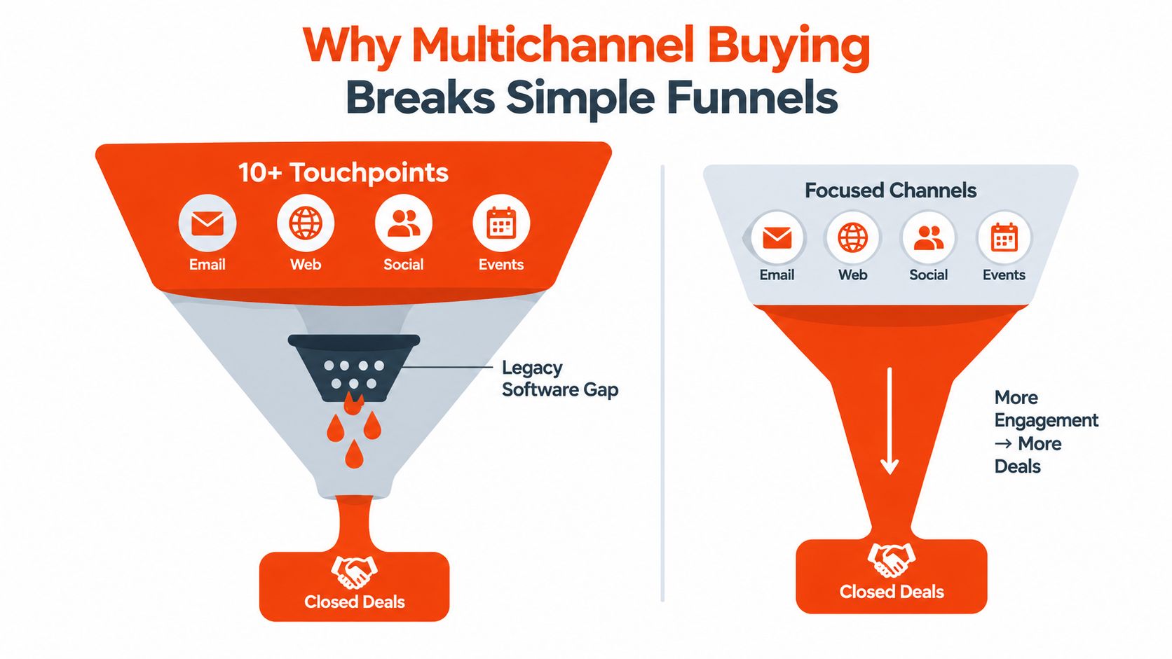 A diagram comparing traditional marketing funnels with gaps to optimized multichannel sales funnels for closing deals.