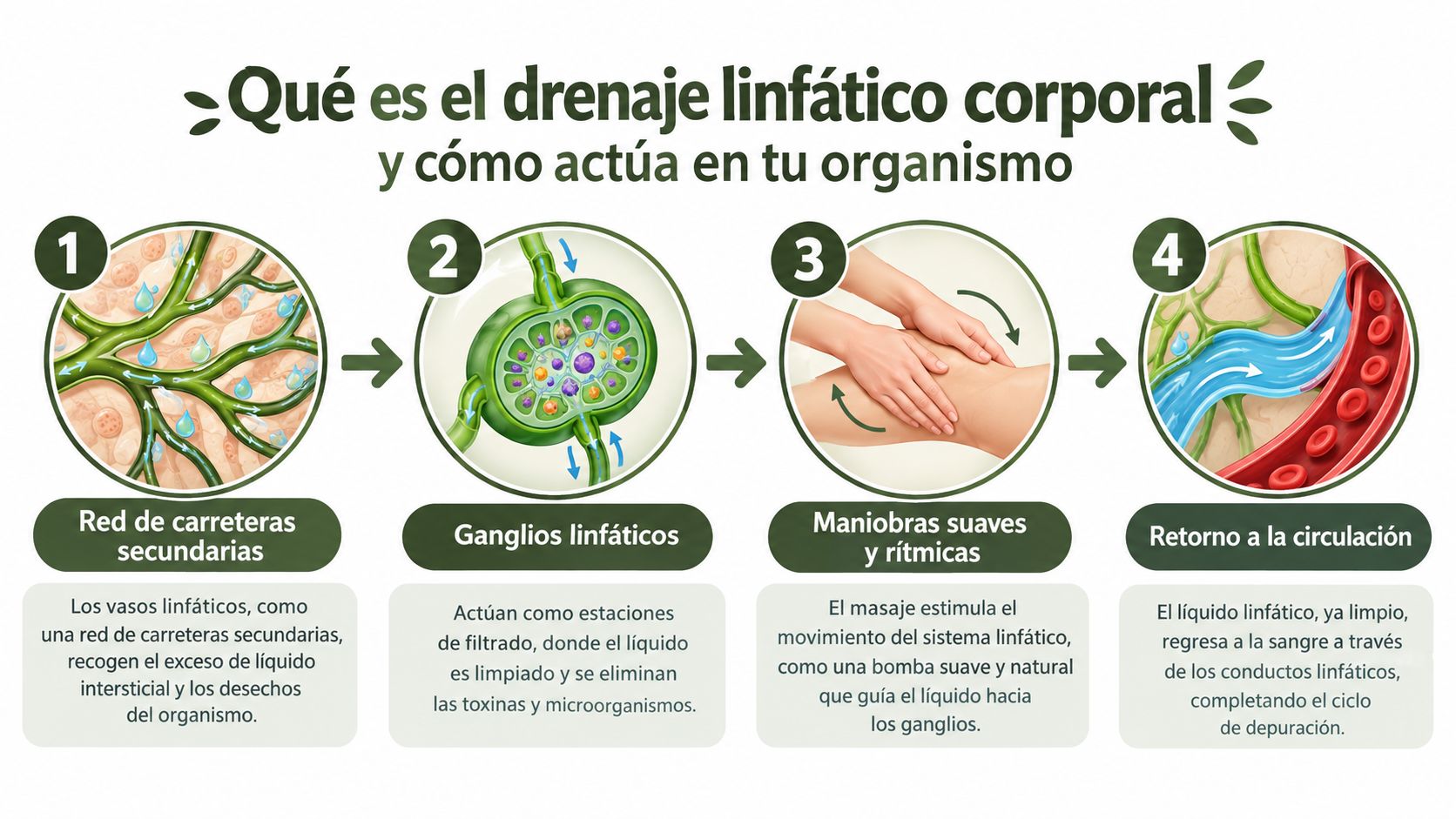 Infografía educativa que explica los cuatro pasos del proceso del drenaje linfático corporal en el organismo humano.