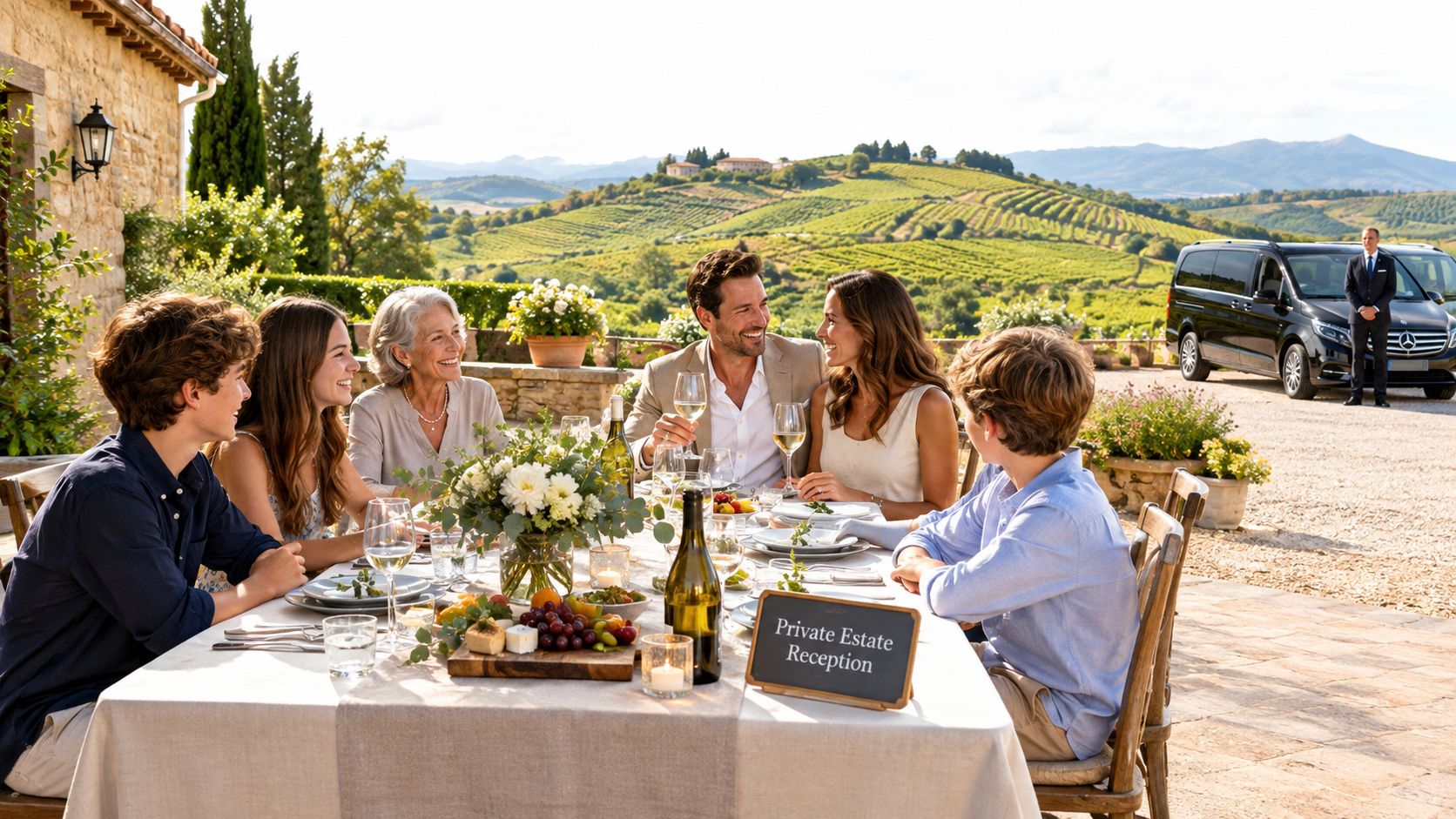 A happy family enjoys a gourmet meal and wine at an outdoor table overlooking scenic Italian vineyards.