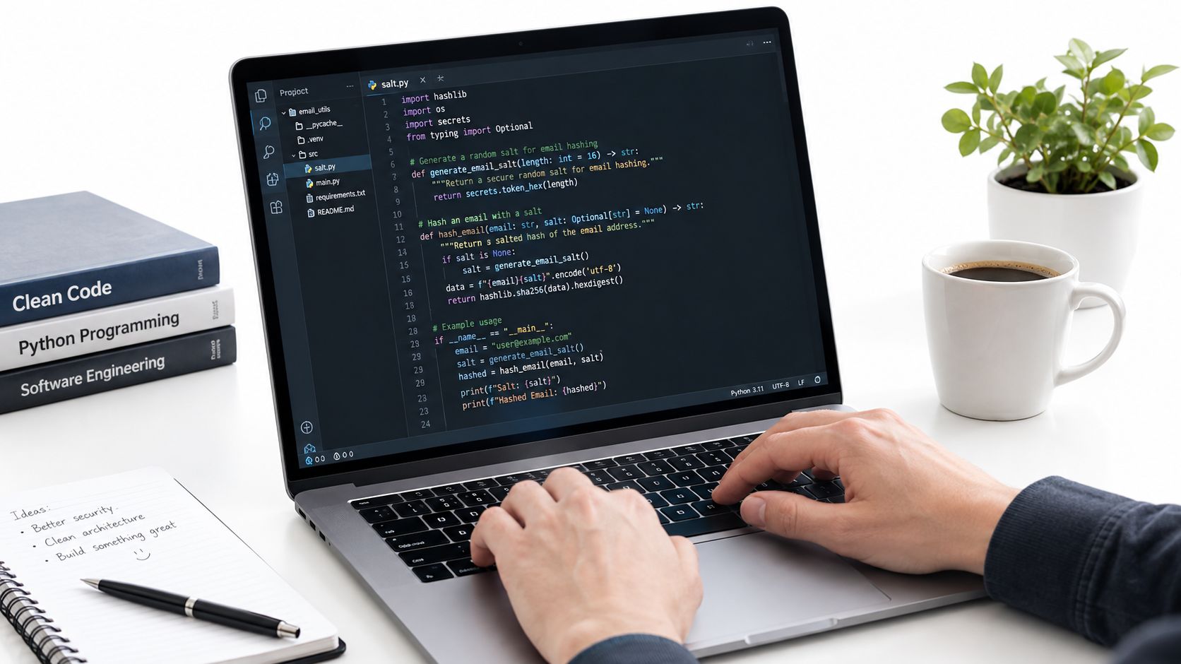 A programmer working on a laptop displaying Python code for hashing email addresses with random salts.