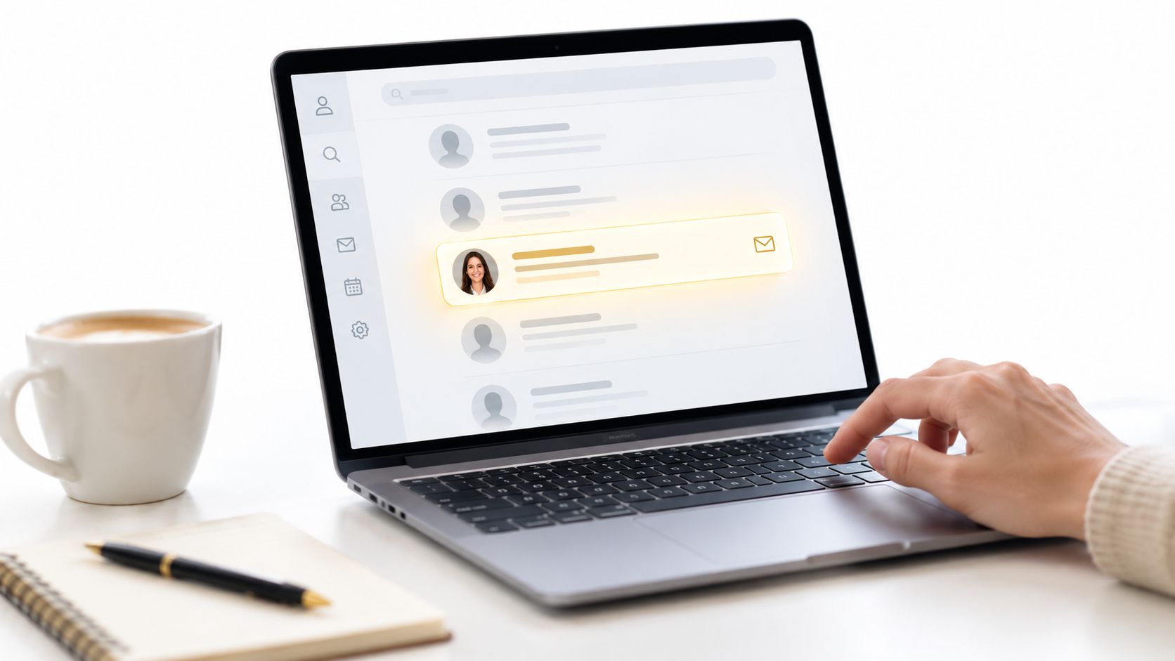 A person using a laptop to view a professional communication dashboard with contact list and email notification.