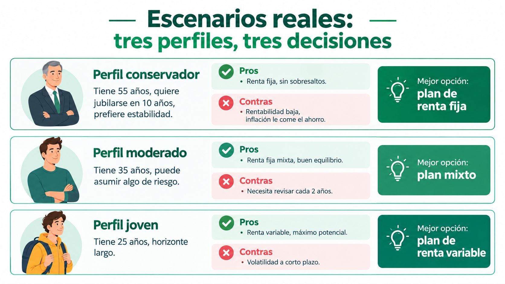 Infografía sobre tres perfiles de inversión con recomendaciones de planes de pensiones según la edad