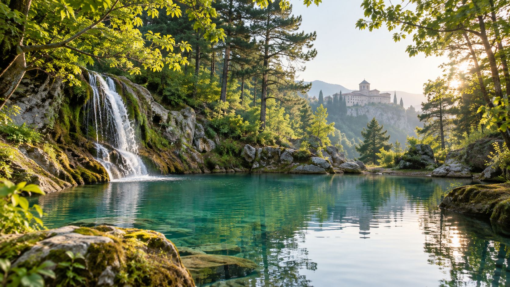 A scenic waterfall cascading into a crystal clear turquoise pool near a historic stone monastery in Spain.