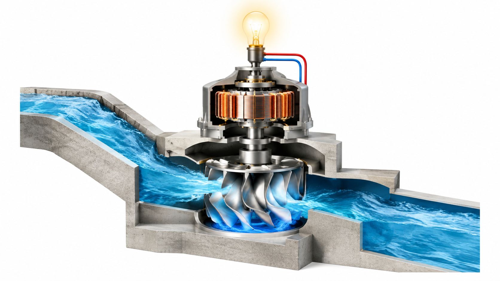 Representación técnica en corte de una turbina hidroeléctrica convirtiendo energía del agua en electricidad para una bombilla.