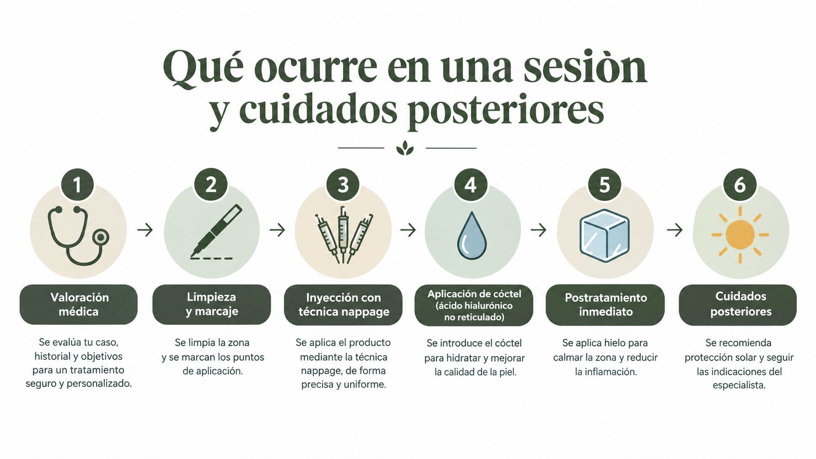 Infografía que detalla los seis pasos de una sesión de mesoterapia facial y sus cuidados posteriores.