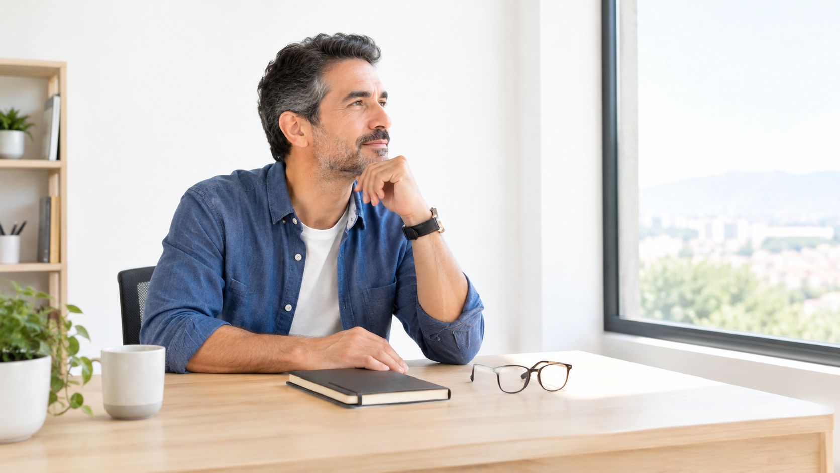 Empresario autónomo pensativo mirando por la ventana en su moderna oficina frente a su escritorio