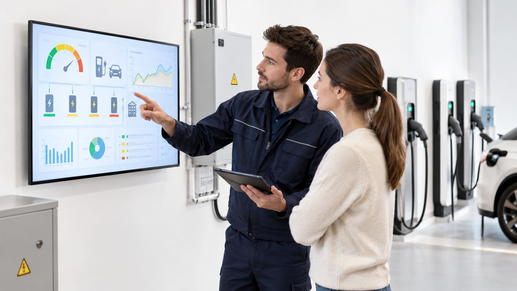 Un técnico y una clienta analizando datos de balanceo de carga en una pantalla táctil moderna.