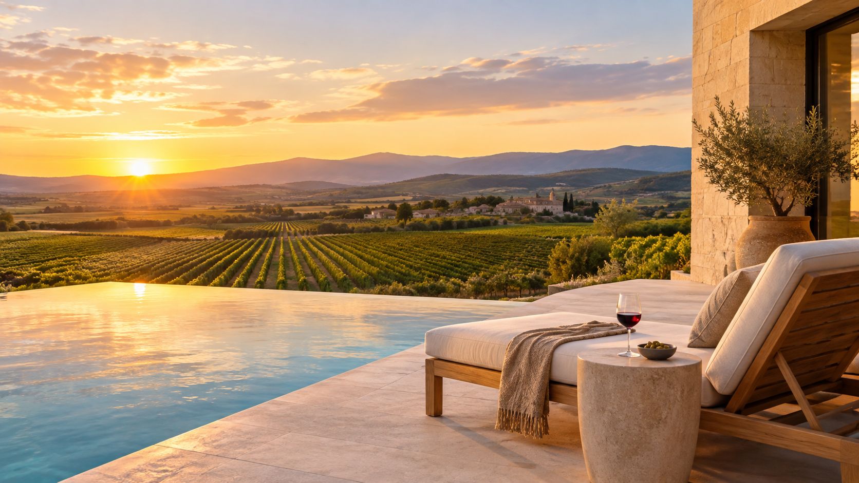 A stunning sunset view over a vineyard in the Rioja wine region from a luxury pool terrace.