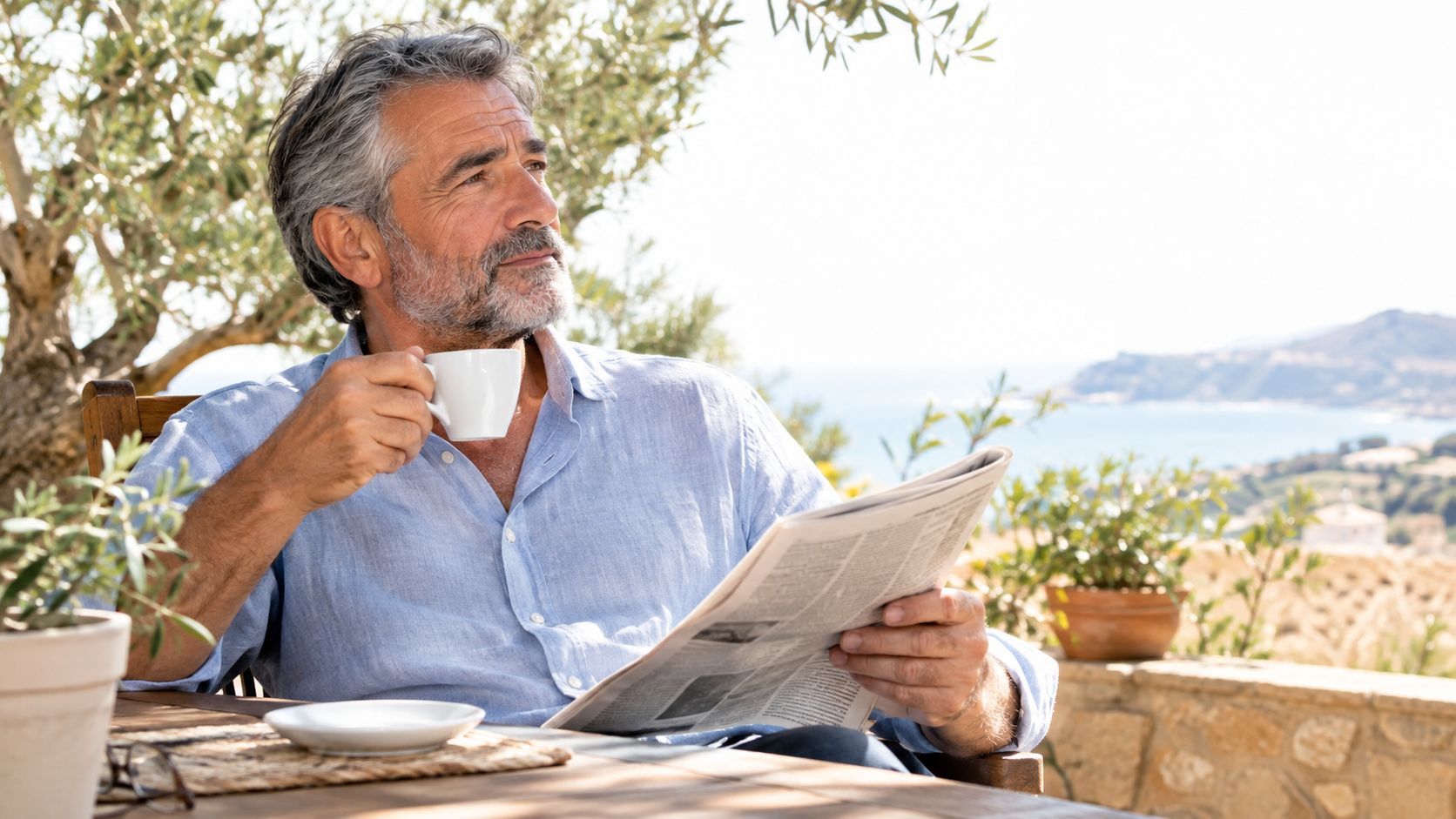 Un hombre maduro disfruta de un café y lee el periódico en una terraza con vista al mar.