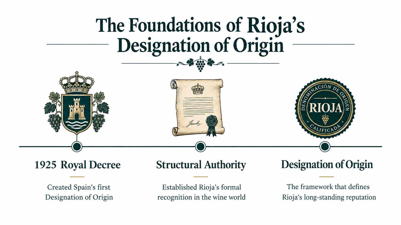 An infographic detailing the three foundations of Rioja's Designation of Origin in Spain, featuring historical and symbolic icons.