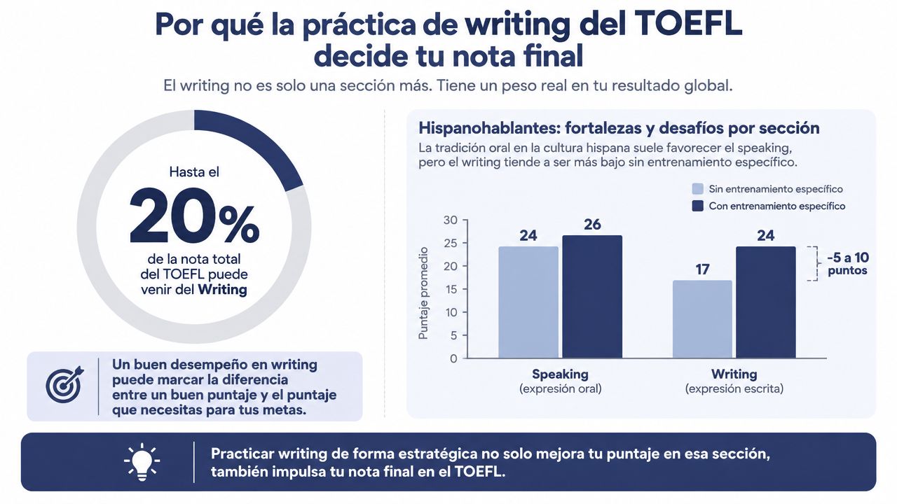 Gráfico que explica la importancia de practicar el writing para mejorar la puntuación global del examen TOEFL.