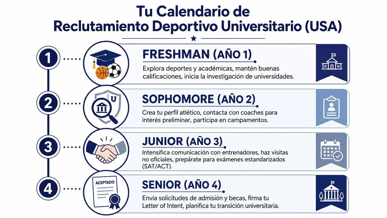 Infografía sobre el proceso de reclutamiento deportivo universitario en Estados Unidos dividido por años escolares.