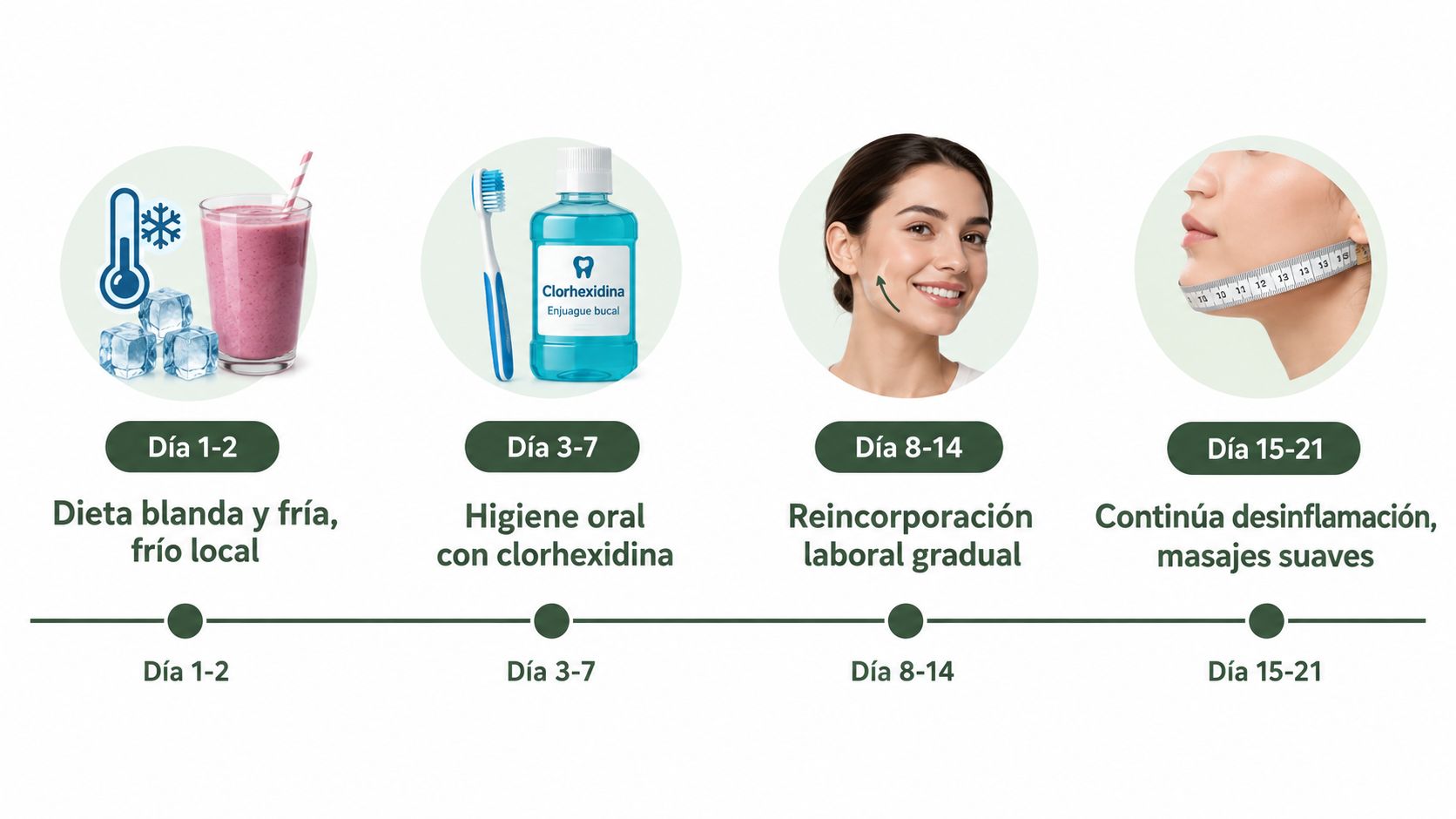 Una infografía médica que ilustra las etapas de recuperación postoperatoria tras una intervención de bichectomía facial.