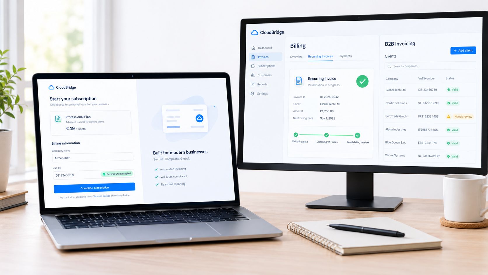 Laptops showing CloudBridge software interface for business subscription management and B2B invoice tax validation compliance.