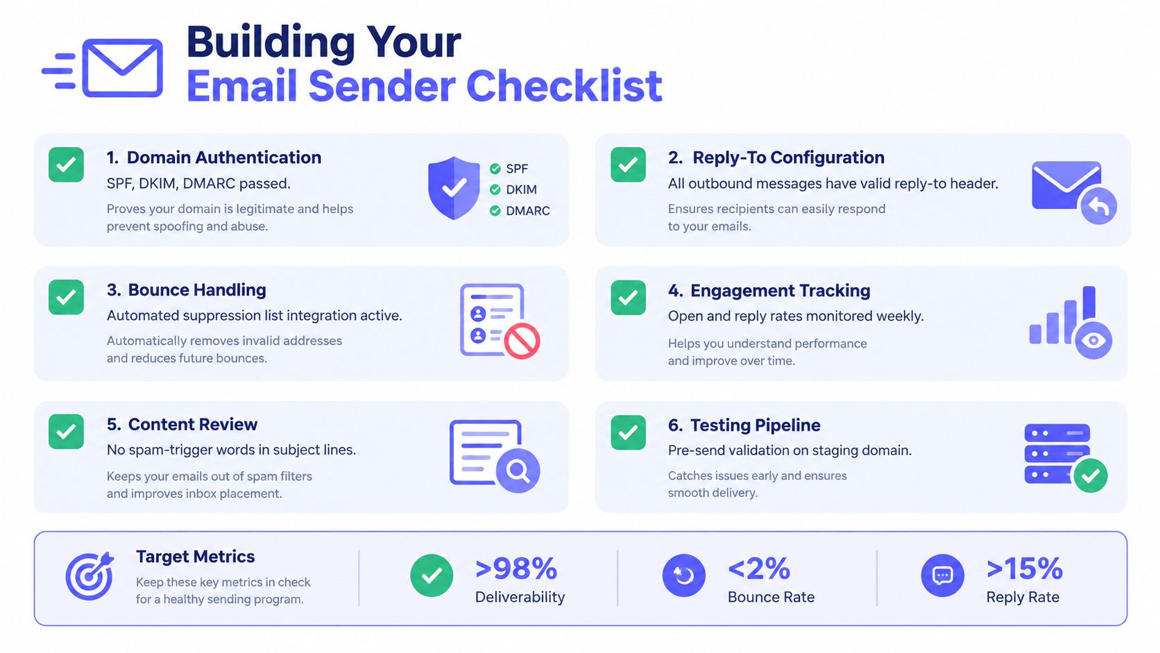 A comprehensive checklist for email senders including domain authentication, bounce handling, and key deliverability performance metrics.
