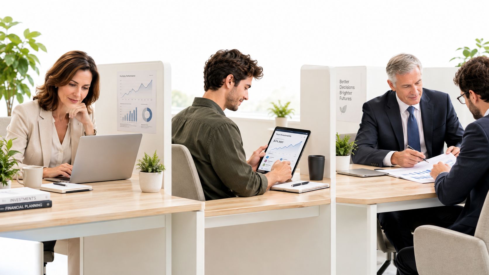 Profesionales trabajando en una oficina moderna, analizando gráficos financieros y estrategias de inversión en sus escritorios individuales.