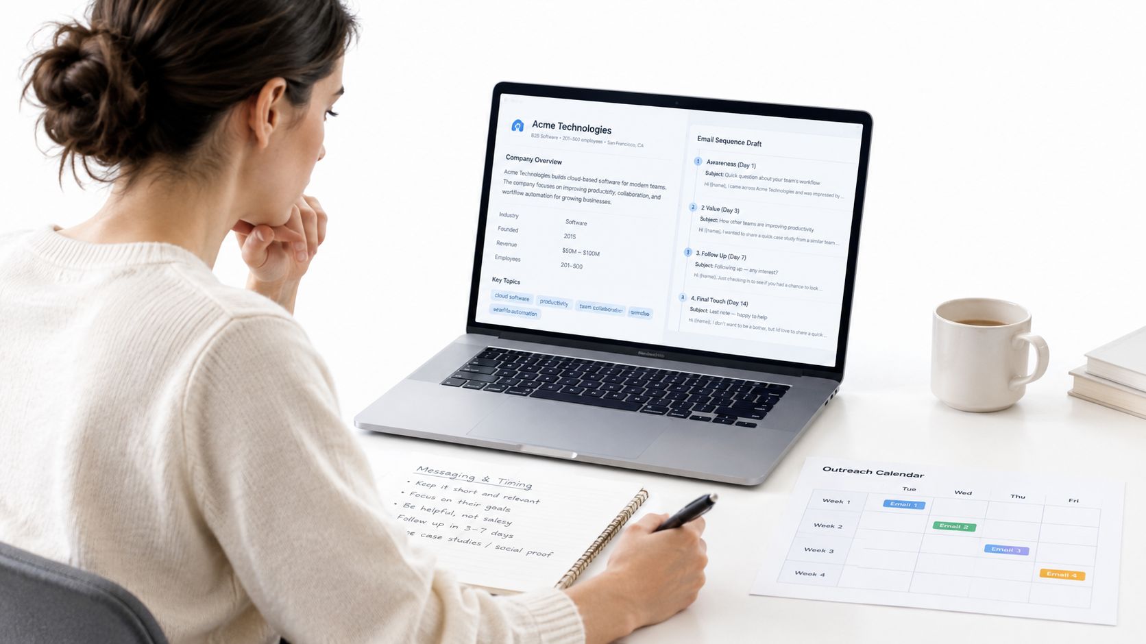 A professional woman working on an outbound sales strategy at her desk with a laptop and calendar.