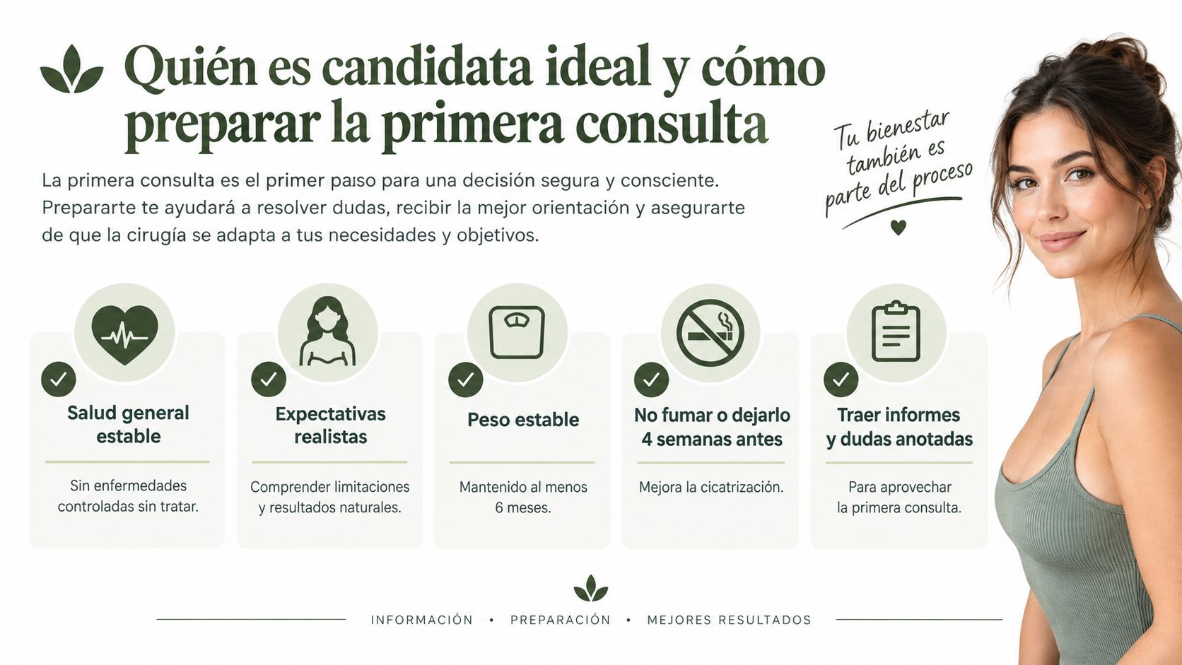 Infografía sobre cómo preparar la primera consulta de una mamoplastia de aumento para pacientes ideales y seguras.