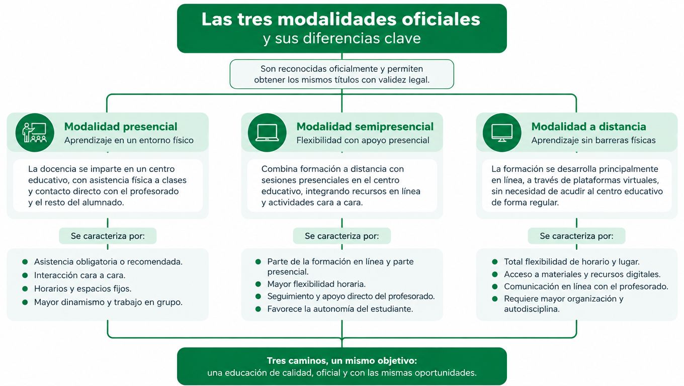 Esquema visual que explica y compara las tres modalidades educativas oficiales: presencial, semipresencial y a distancia.