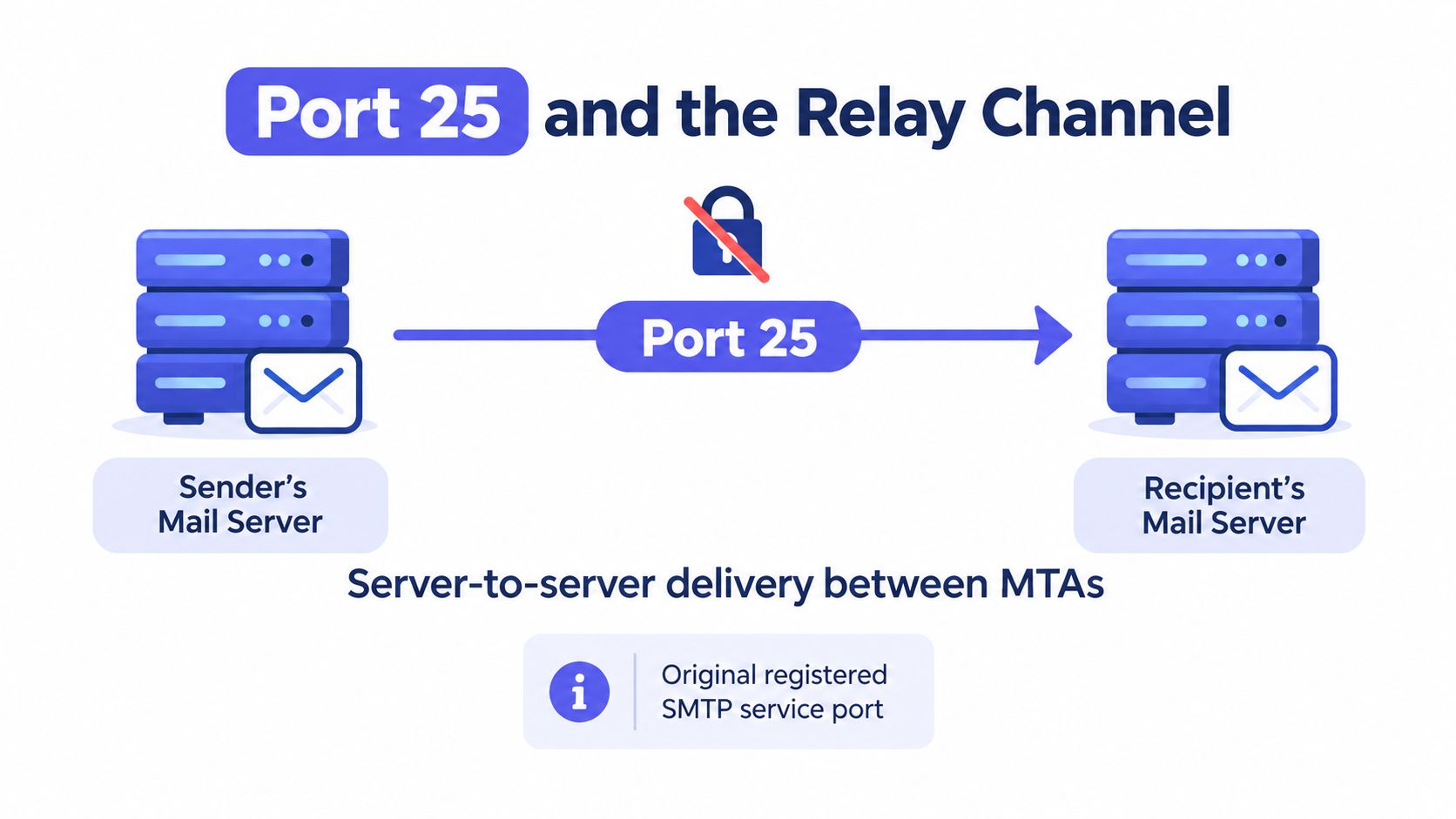 A diagram illustrating Port 25, the original SMTP service port used for server-to-server email delivery between MTAs.
