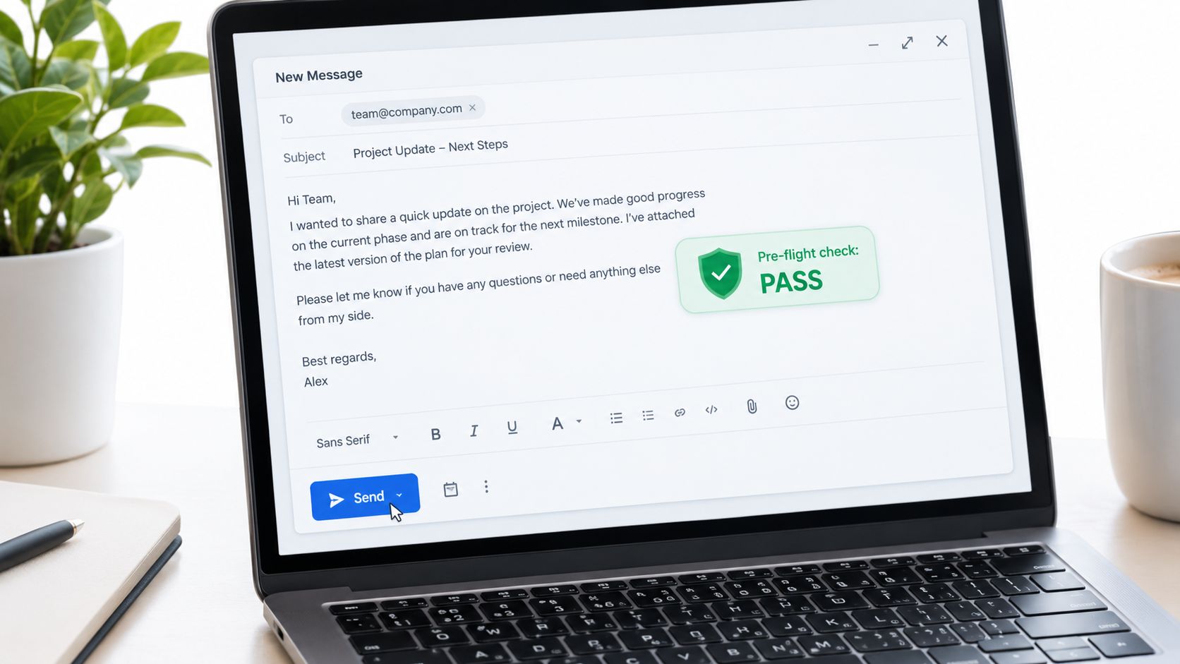 A professional laptop screen displaying a project update email template with a pre-flight check success notification.