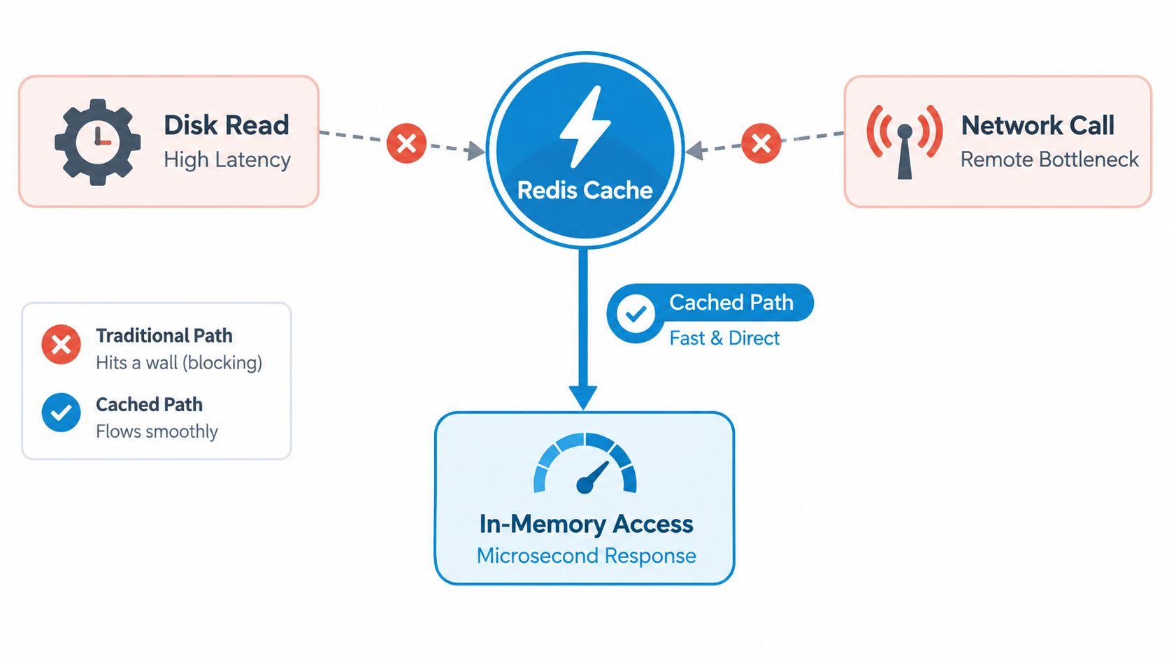 A diagram comparing traditional slow data access methods versus the high speed performance of Redis cache technology.