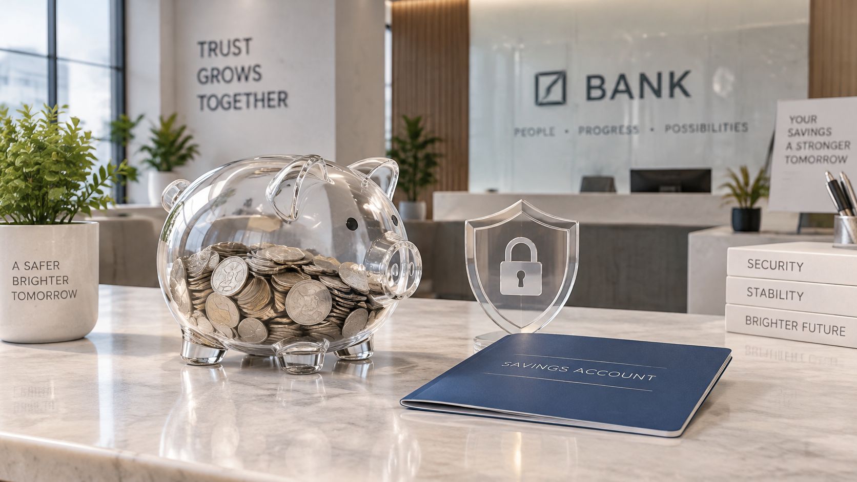 Una alcancía transparente llena de monedas junto a un libro de ahorros y un escudo protector