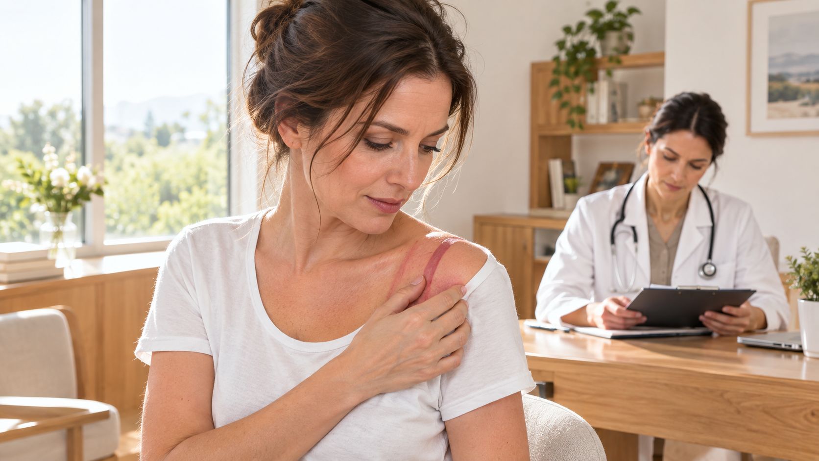 Una mujer mostrando irritación en su hombro a una doctora en una consulta médica privada.