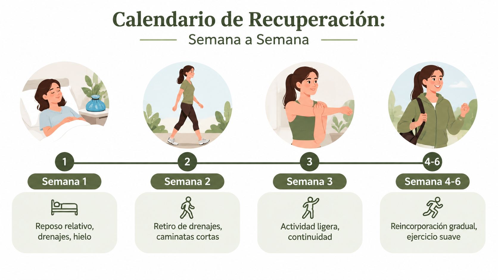 Infografía sobre el calendario de recuperación postoperatoria mostrando las fases desde la semana uno a seis.